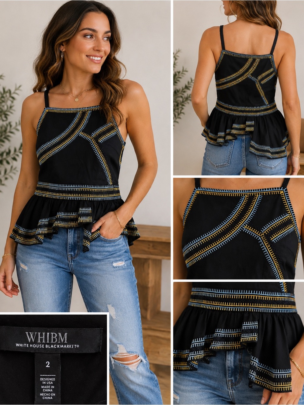 White House Black Market Embroidered Ruffle Peplum Top – Size 2 🖤✨